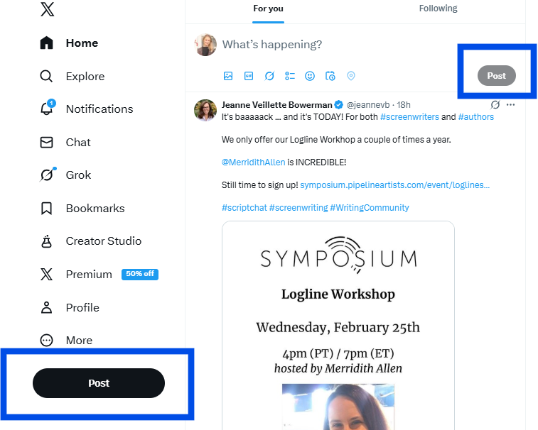 X (Twitter) home feed interface showing the post composer and highlighted Post button used to publish a tweet on X.