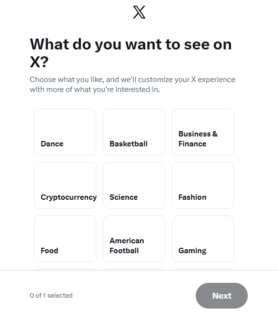 X onboarding screen asking users what topics they want to see on X, with selectable interests like cryptocurrency, business, gaming, science, and fashion to customize the feed.