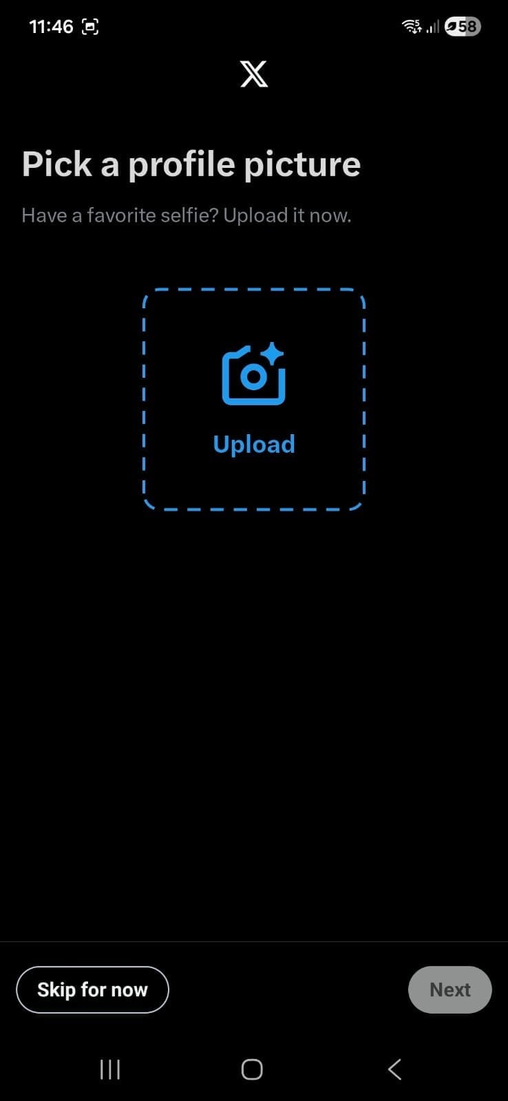 X app screen prompting users to upload a profile picture during account setup, with an upload button and option to skip for now.