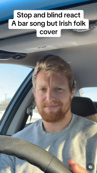 Man sitting in car recording reel with overlay text about Irish folk bar song cover, illustrating Instagram algorithm hooks for engaging video content