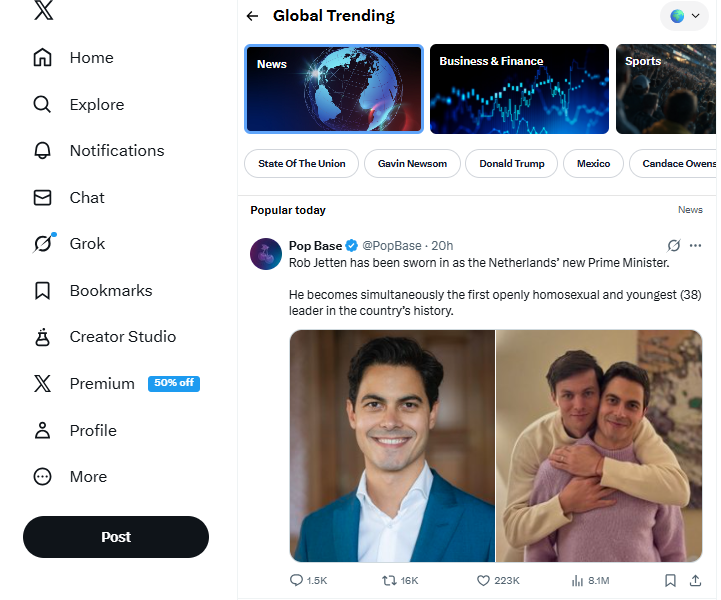 X Explore page showing global trending topics and popular posts with categories like news, business and finance, and sports.