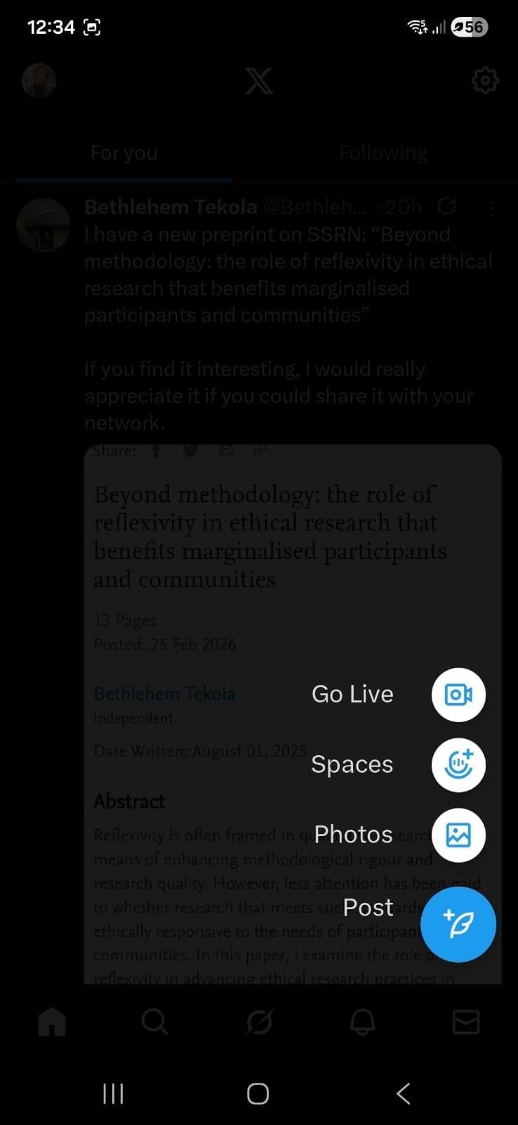 X mobile interface showing the floating compose menu with options to go live, start a Spaces audio chat, add photos, or create a new post.