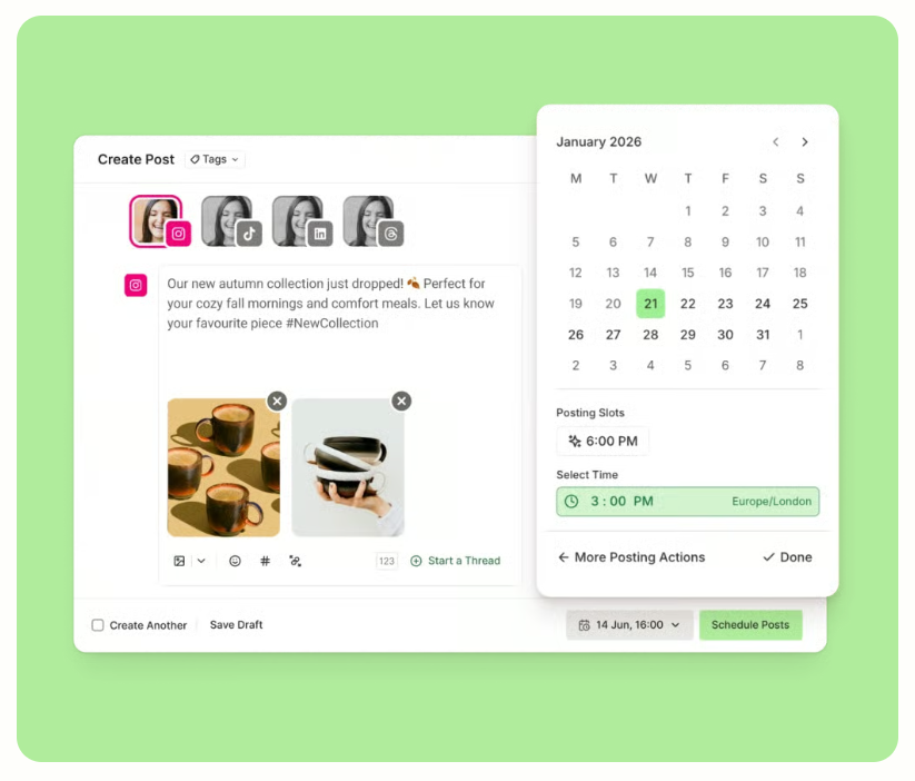 Buffer scheduler interface showing post creation, calendar, and scheduling options for managing content with free Instagram tools