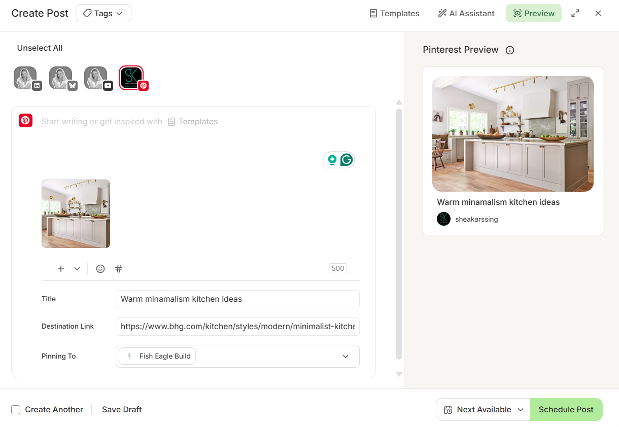 Buffer create post dashboard with Pinterest preview, title, link, and board selection fields demonstrating how to use Pinterest to create a pin using Buffer