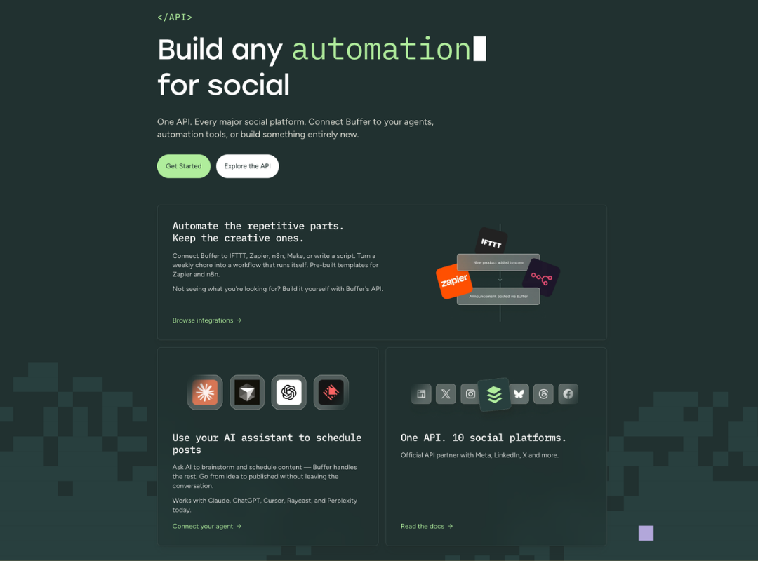 Buffer's social media API landing page showing automation features, AI assistant integrations, and 10 supported social platforms
