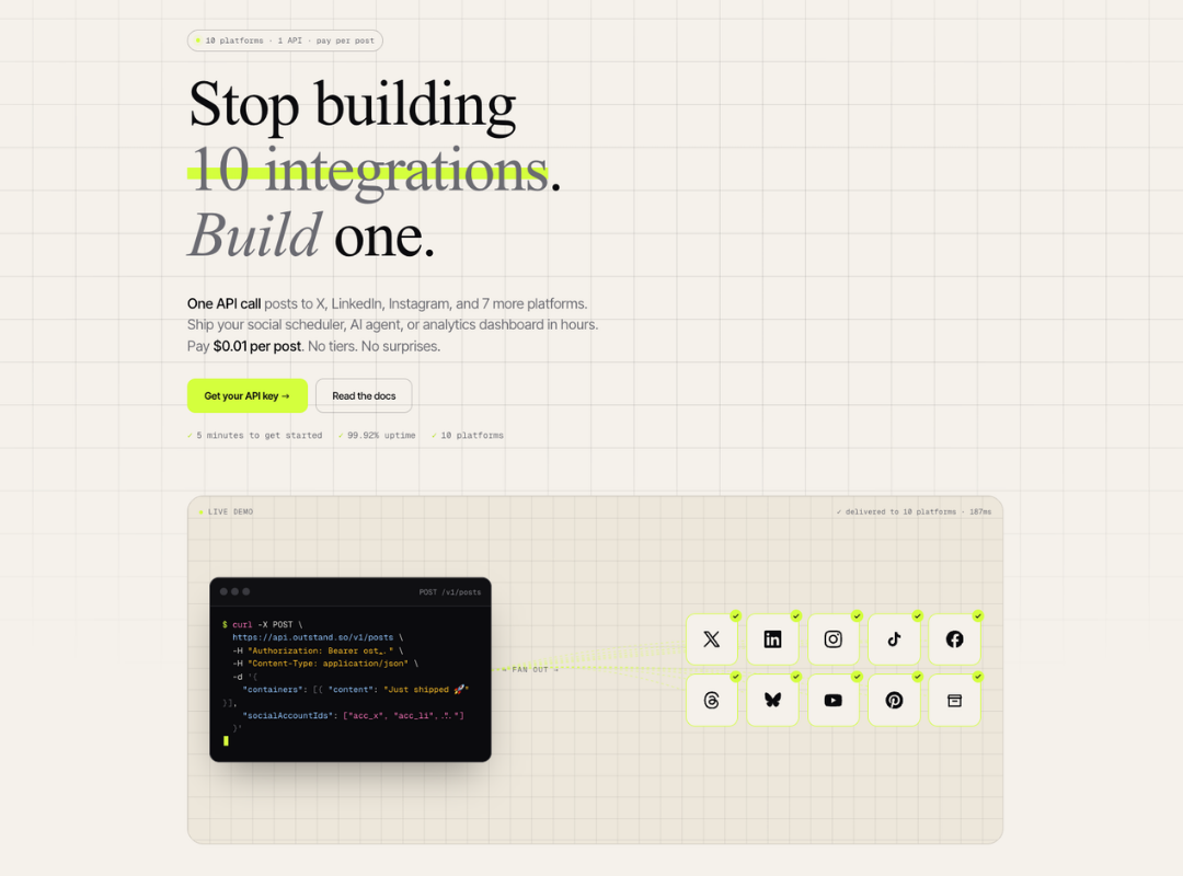 Outstand social media API homepage with the headline "Stop building 10 integrations. Build one." featuring a curl code snippet and 10 social platform icons