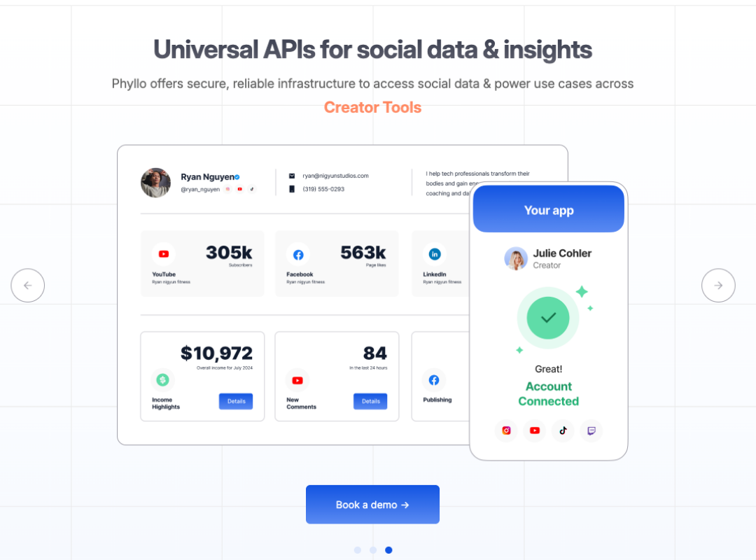 **Alt text (177 chars)** Phyllo social media API homepage with the headline "Universal APIs for social data & insights" showing creator analytics dashboard mockups and an account connection screen