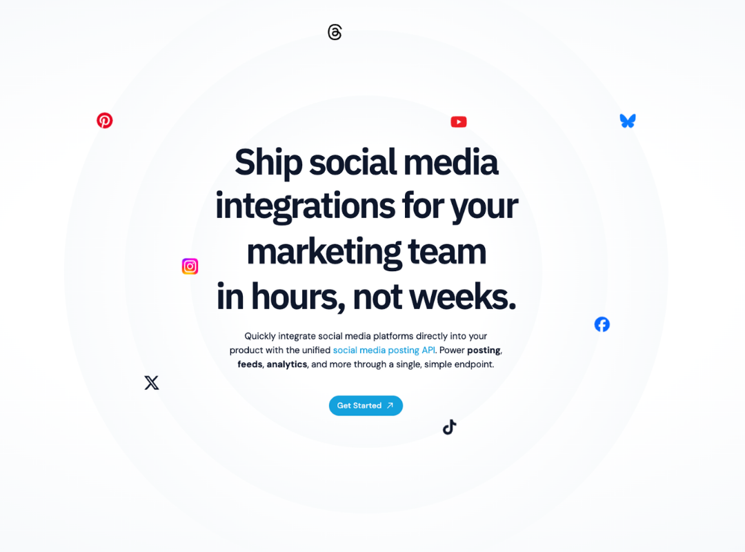 Social media API homepage with the headline "Ship social media integrations for your marketing team in hours, not weeks" surrounded by floating social platform icons