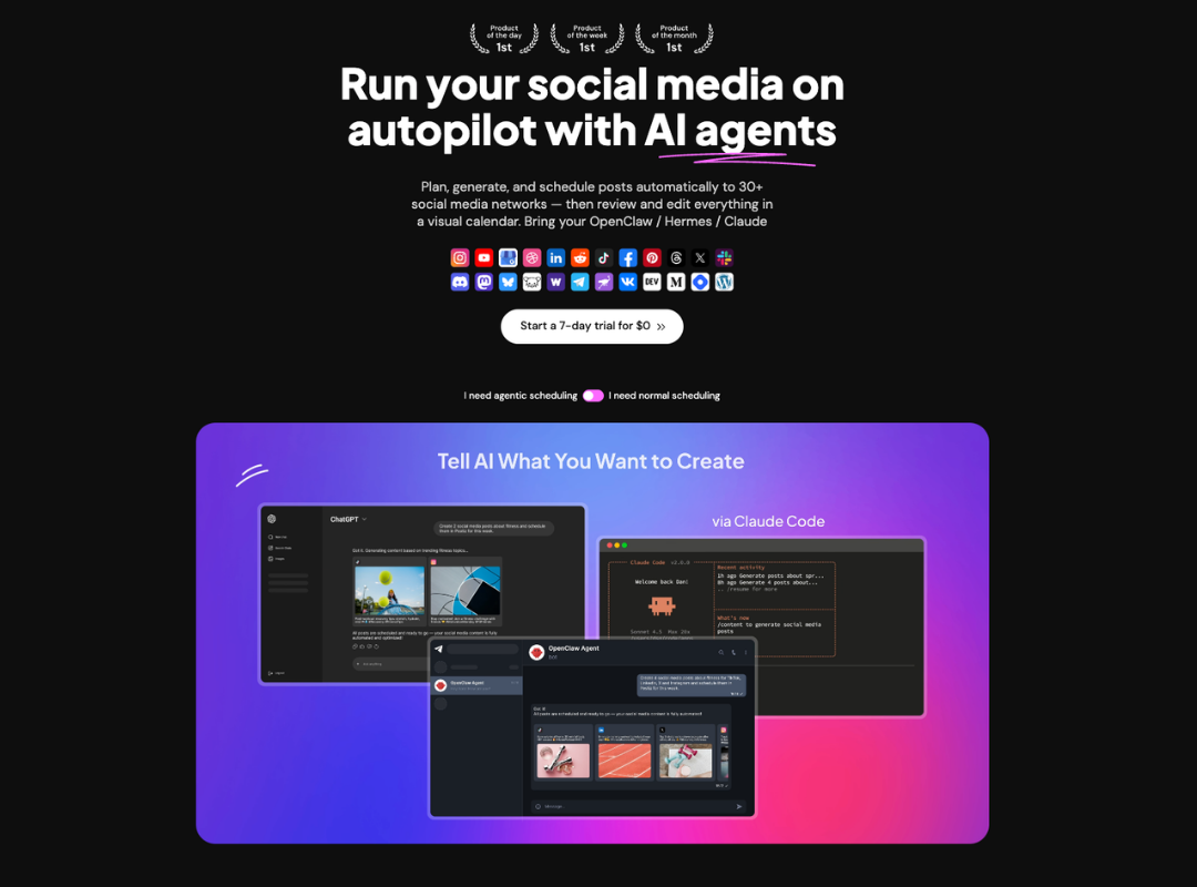 Postiz social media API homepage with the headline "Run your social media on autopilot with AI agents" featuring 30+ platform icons and screenshots of ChatGPT and Claude Code integrations