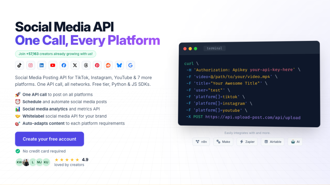 Upload-Post social media API homepage with the headline "Social Media API: One Call, Every Platform" featuring a curl code snippet and 11 supported social platform icons