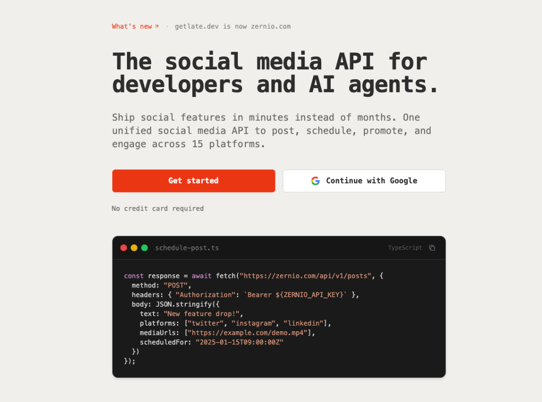 Zernio social media API homepage with the headline "The social media API for developers and AI agents" and a TypeScript code snippet showing a scheduled pos