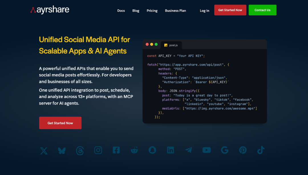 Ayrshare social media API homepage with the headline "Unified Social Media API for Scalable Apps & AI Agents" alongside a code snippet and 13+ supported social platform icons