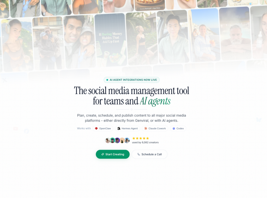 Genviral social media API homepage with the headline "The social media management tool for teams and AI agents" and OpenClaw, Hermes Agent, and Claude Cowork integration badges