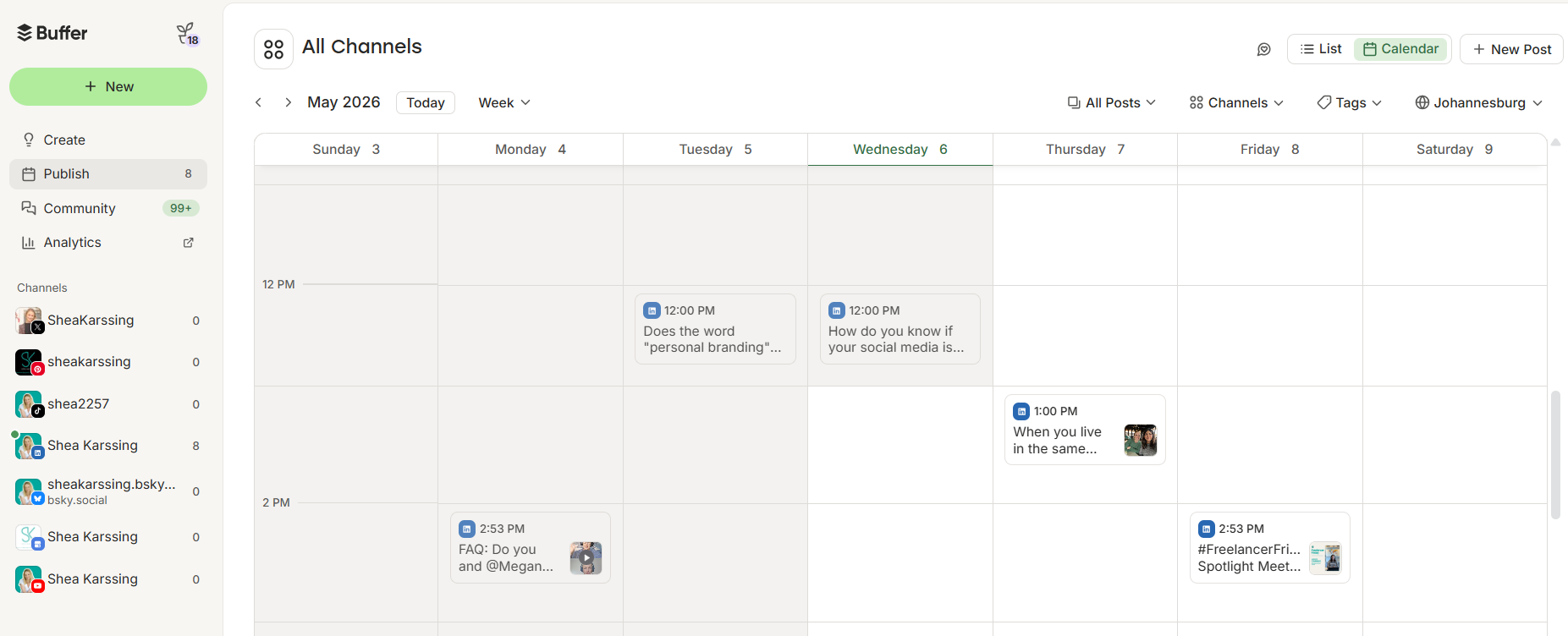 Buffer content calendar showing scheduled posts across platforms to help creators crosspost on social media more efficiently.