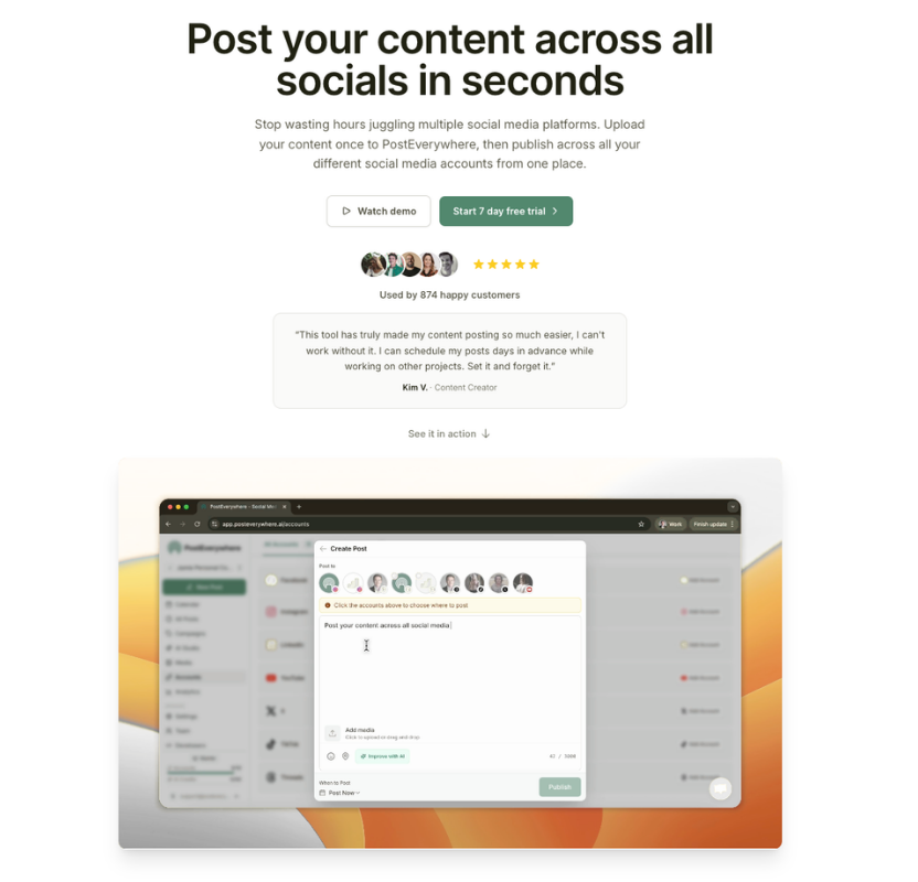PostEverywhere social media API homepage with the headline "Post your content across all socials in seconds" featuring a customer testimonial and product UI screenshot