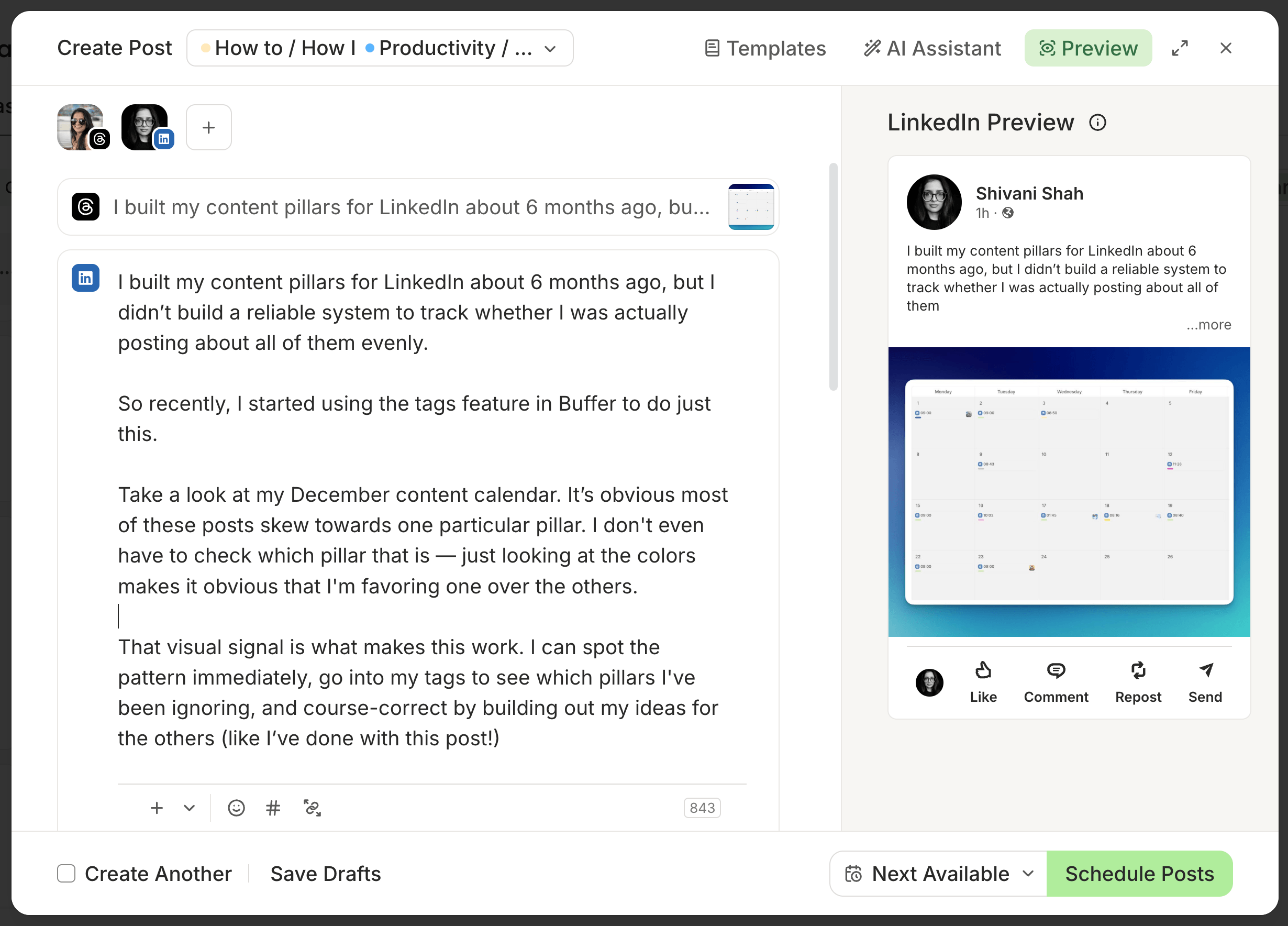 Buffer vs. Sprout Social comparison showing Buffer's Create Post composer with a Threads and LinkedIn draft and a LinkedIn preview of a content calendar post