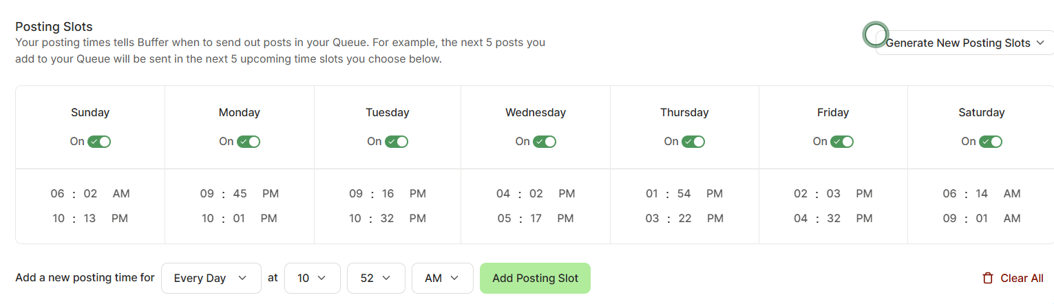 Buffer social media calendar posting slots settings showing a customizable posting schedule with queue times for each day to automate social media publishing.