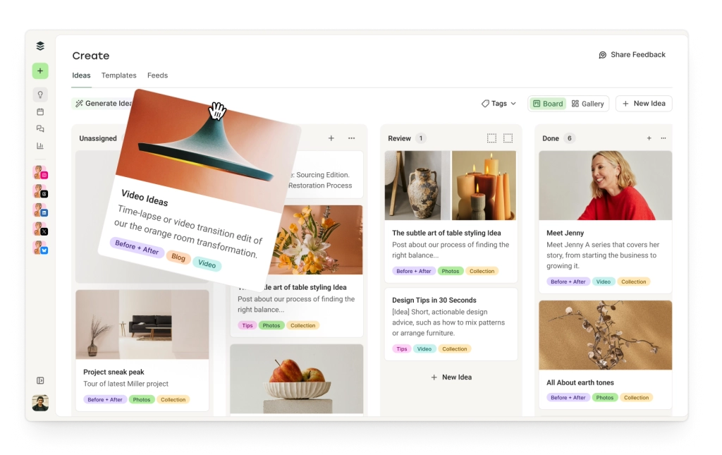 Buffer Create space with a Kanban board for organizing content ideas, planning social media posts, collaborating, and managing a social media calendar workflow.