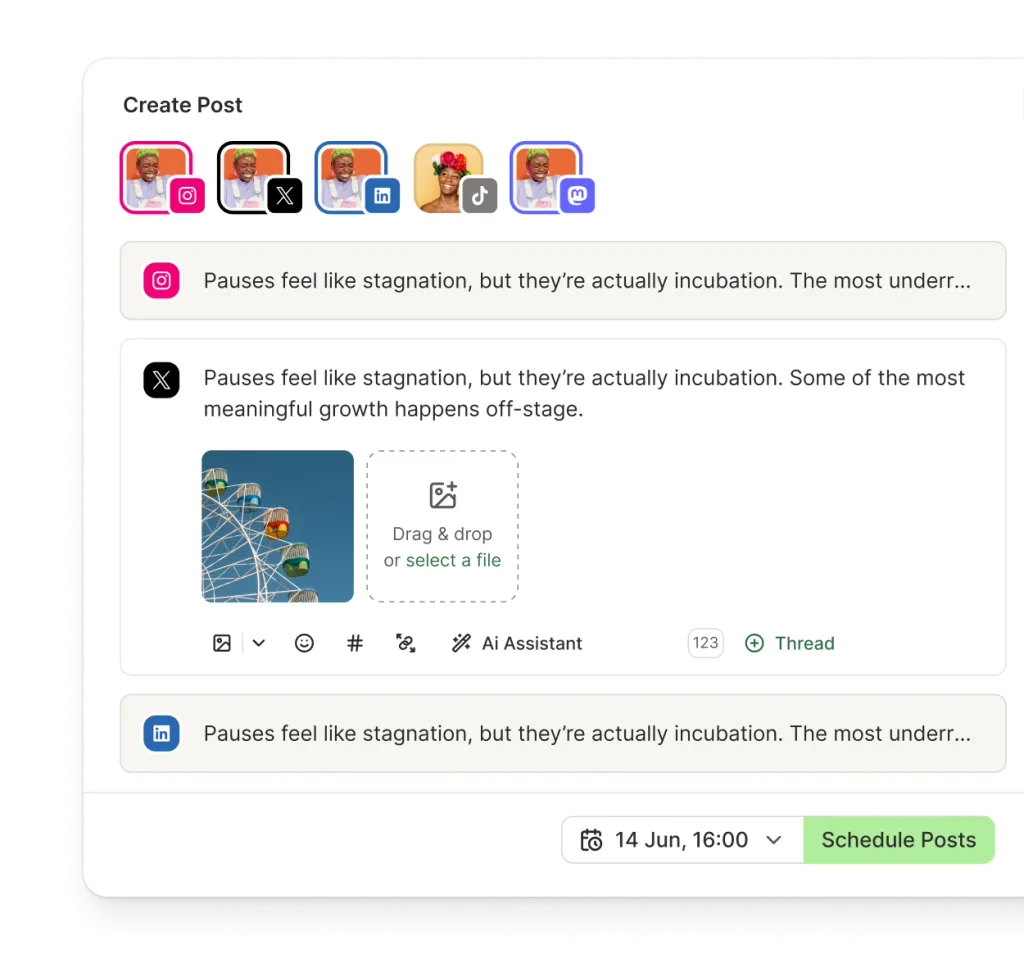 Buffer create post editor for drafting, customizing, and scheduling social media posts across multiple platforms from one publishing dashboard.