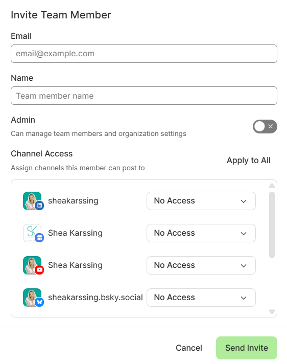 Buffer dashboard invite team member screen with email and name fields, admin permissions toggle, channel access settings, and Send Invite button.
