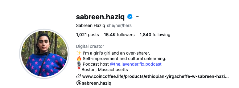 Grow on Instagram with a personality-led bio: Sabreen Haziq's profile with 15.4K followers, her podcast link, and a one-line description of her self-improvement niche