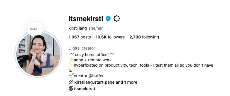 Grow on Instagram with a clear niche: the itsmekirsti bio listing cozy home office, ADHD and remote work, and productivity tools, plus 10.6K followers and a Start Page link