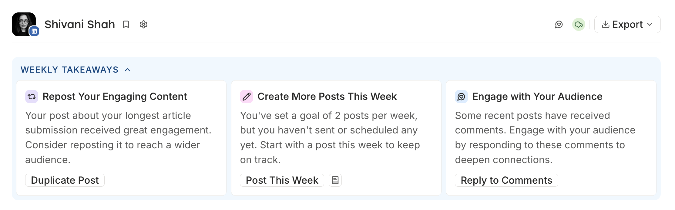 Buffer vs. Metricool comparison showing Buffer's Weekly Takeaways panel suggesting reposting content, posting more, and replying to comments