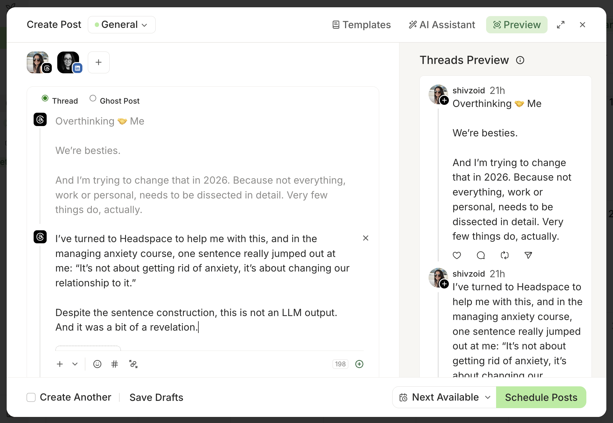 Buffer vs. Metricool comparison showing Buffer's post composer with a Threads draft and live preview panel