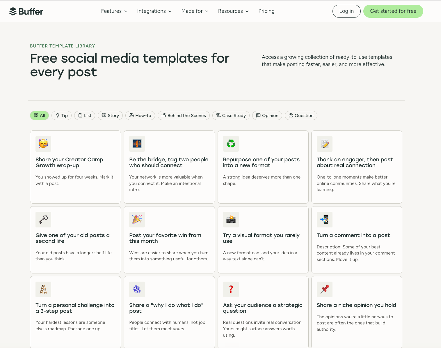 Grow on Instagram with Buffer's template library and the headline "Free social media templates for every post", showing format filters and a grid of ready-to-use post ideas