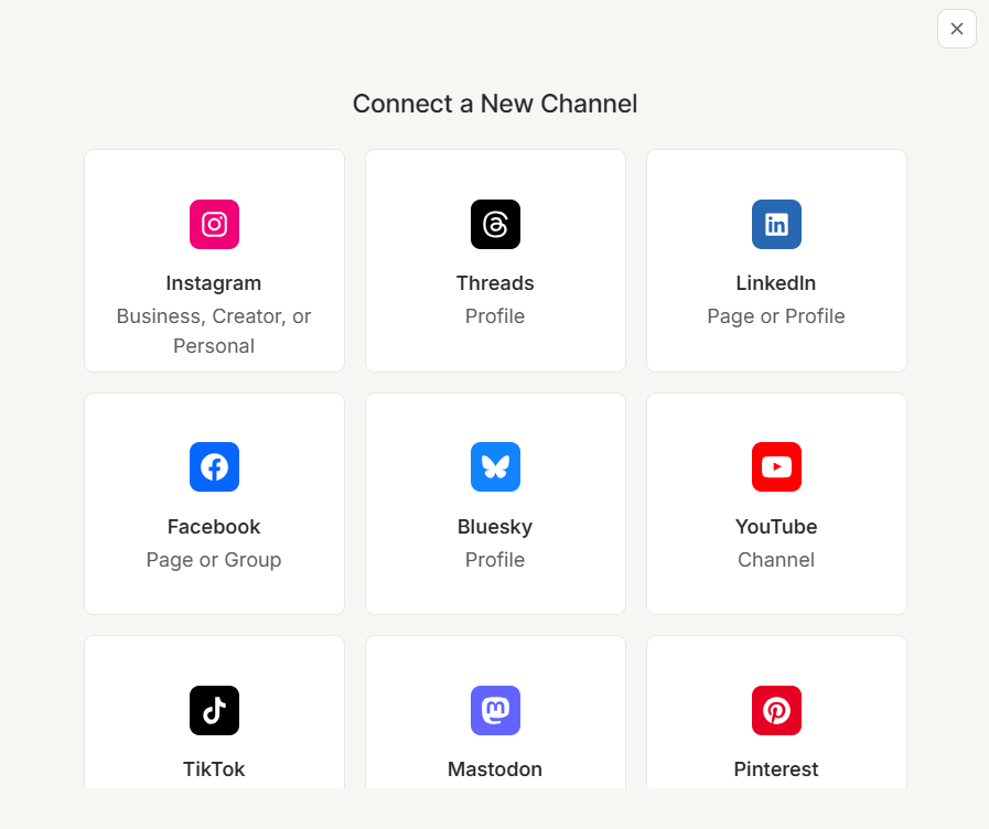 Buffer interface showing the Connect a New Channel screen with Bluesky profile option, illustrating how to schedule Bluesky posts by adding Bluesky as a publishing channel.