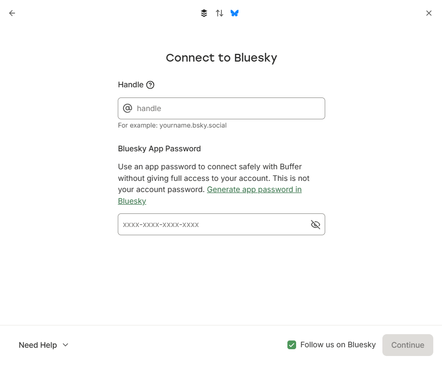 Buffer Connect to Bluesky screen showing handle and app password fields to securely link a Bluesky account and schedule Bluesky posts.