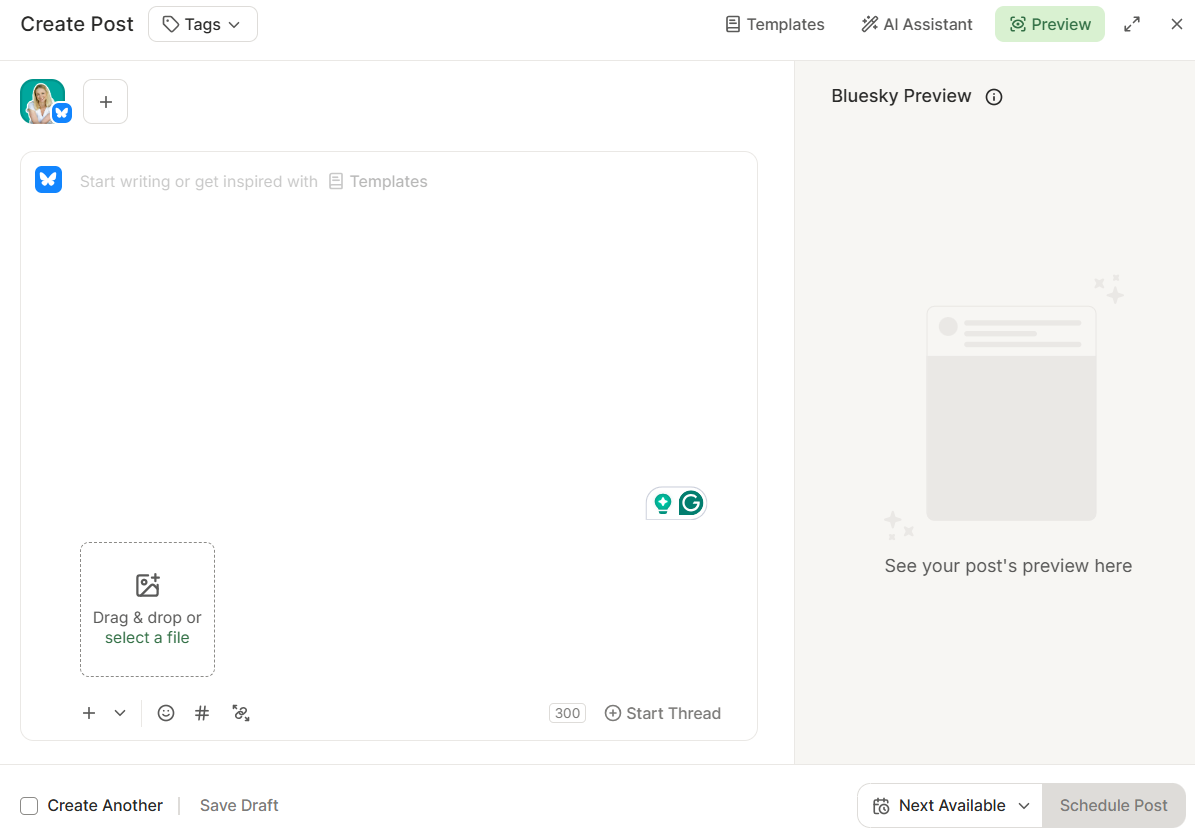Buffer Create Post editor with Bluesky selected, showing the post composer, media upload, and preview to schedule Bluesky posts.