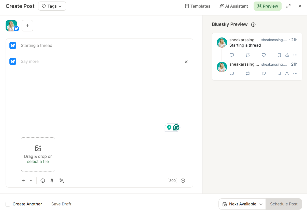 Buffer Create Post editor showing a Bluesky thread composer with multiple posts and preview, demonstrating how to start a thread and schedule Bluesky posts.