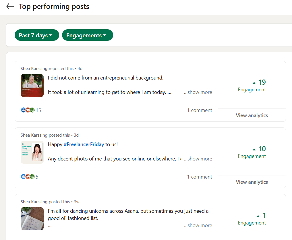 LinkedIn top-performing posts analytics showing engagement and relative timestamps, which limits analysis of the best time to post on LinkedIn.