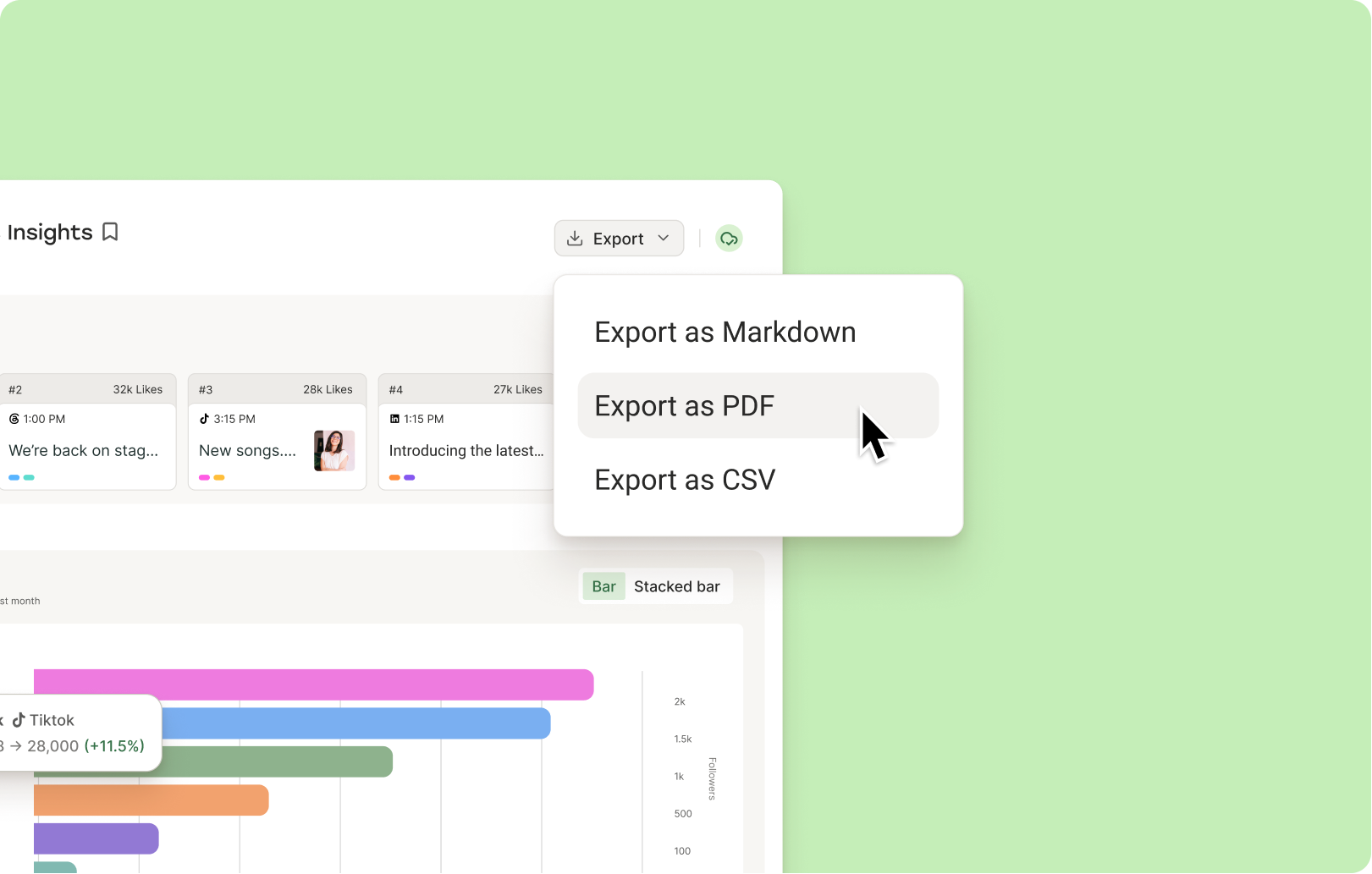 Buffer Insights dashboard with an Export menu open, showing options to export analytics reports as Markdown, PDF, or CSV for sharing with clients and stakeholders.