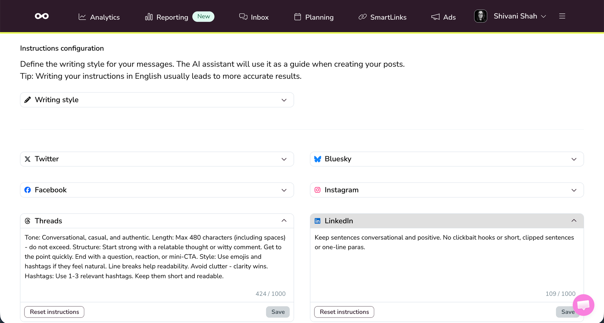 Buffer vs. Metricool comparison showing Metricool's AI writing style instructions for Threads, LinkedIn, and other connected platforms