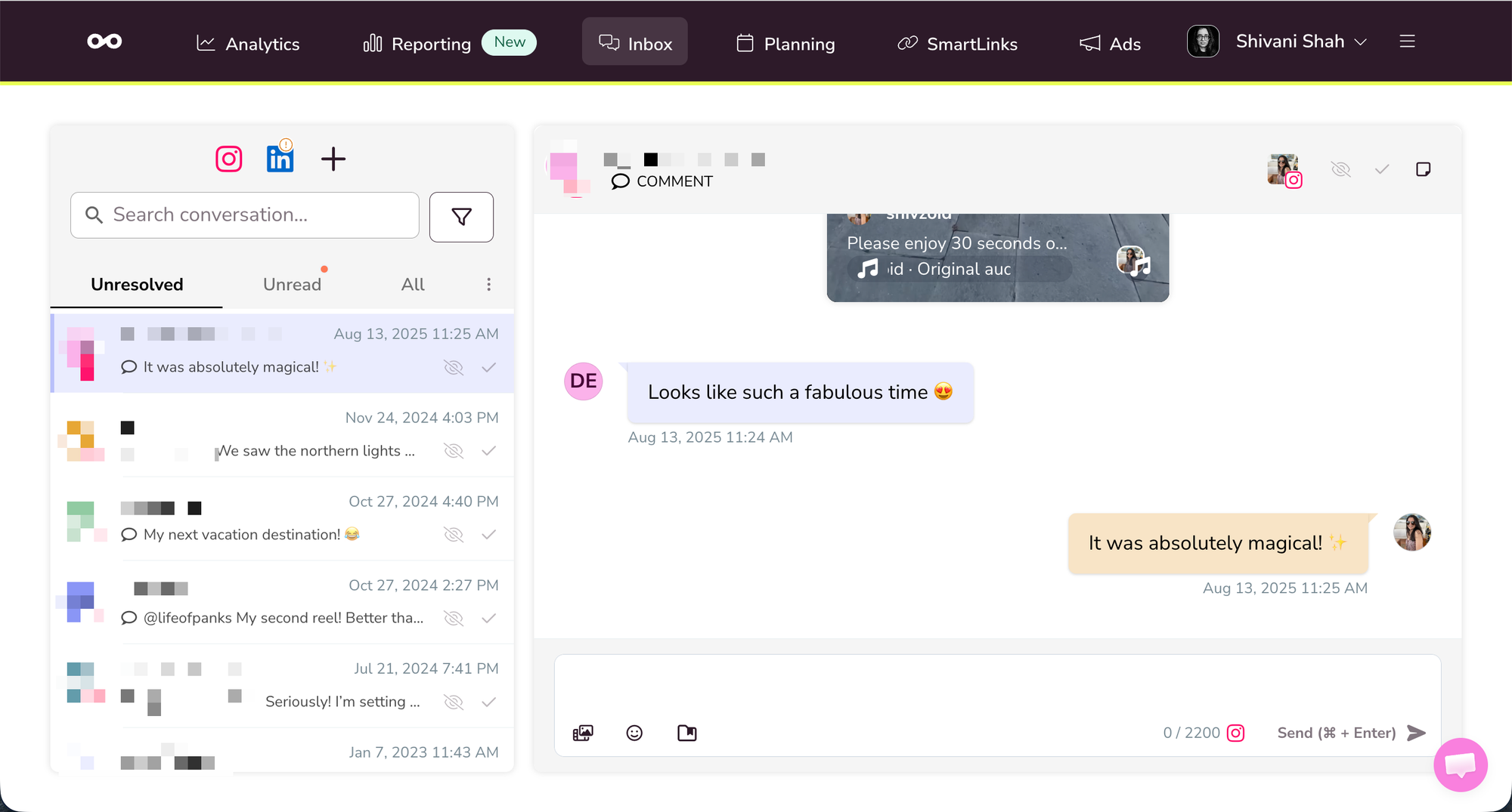 Buffer vs. Metricool comparison showing Metricool's Inbox with Instagram comment threads and reply panel