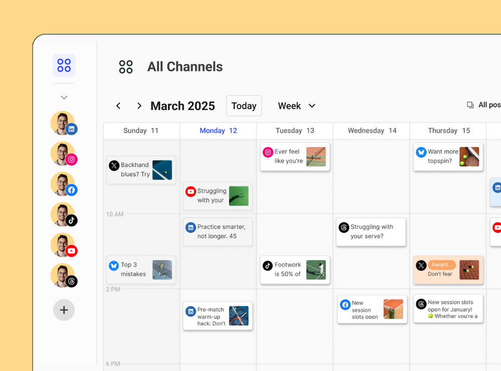 Buffer's All Channels calendar for March 2025 with posts scheduled across Instagram, TikTok, LinkedIn, and YouTube, helping you post consistently and grow on Instagram