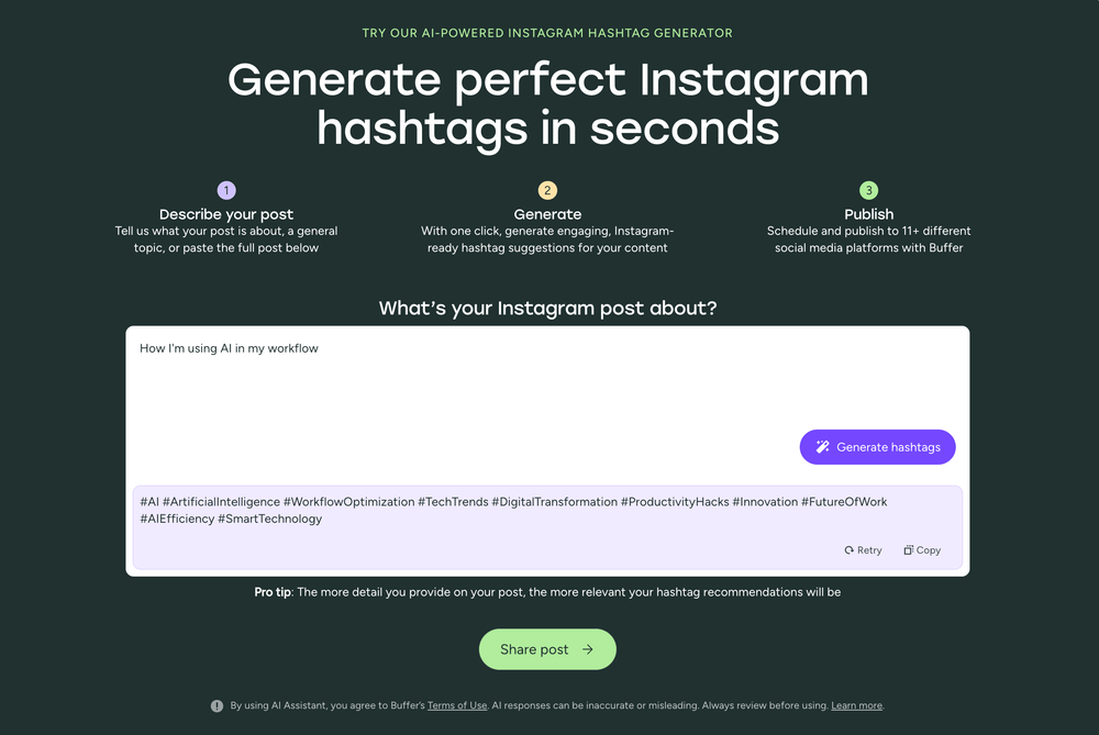 Buffer's AI-powered Instagram hashtag generator with the headline "Generate perfect Instagram hashtags in seconds" and a list of generated hashtags to help you grow on Instagram