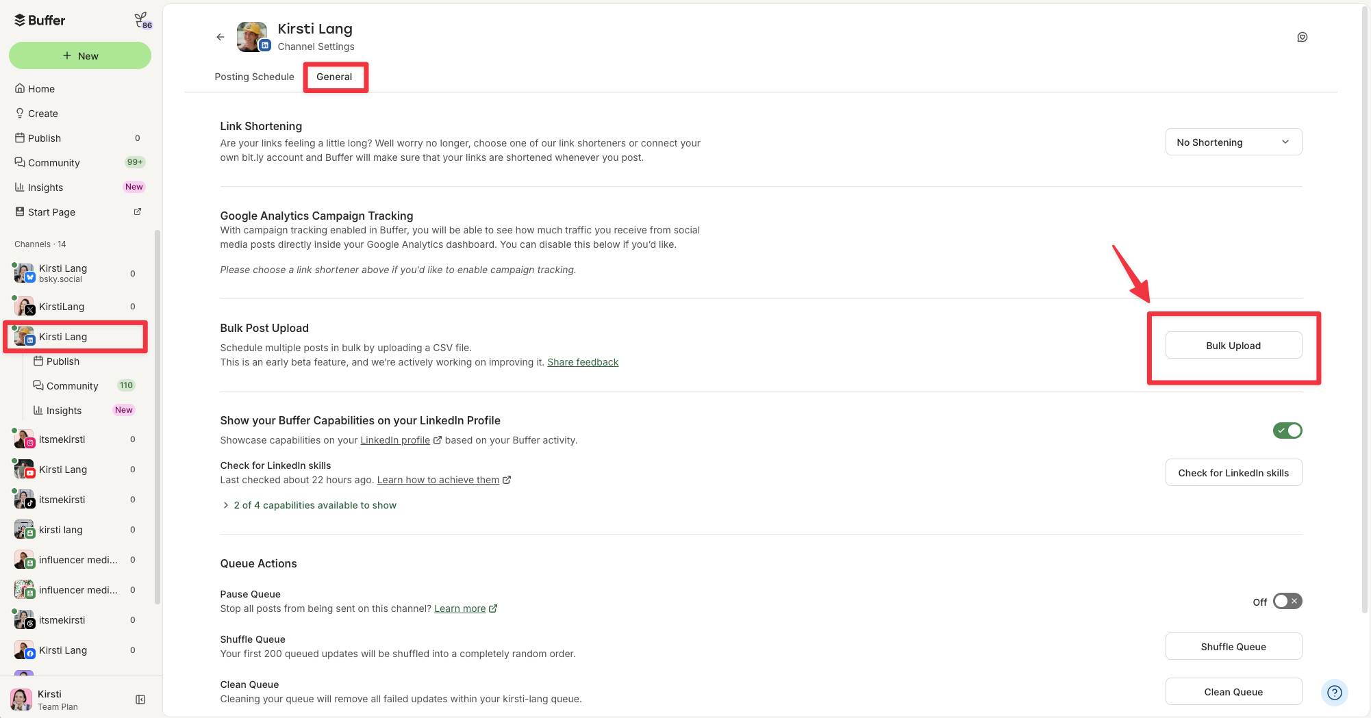 Buffer bulk upload button highlighted in the General tab of a LinkedIn channel's settings, beside the Bulk Post Upload section describing CSV scheduling
