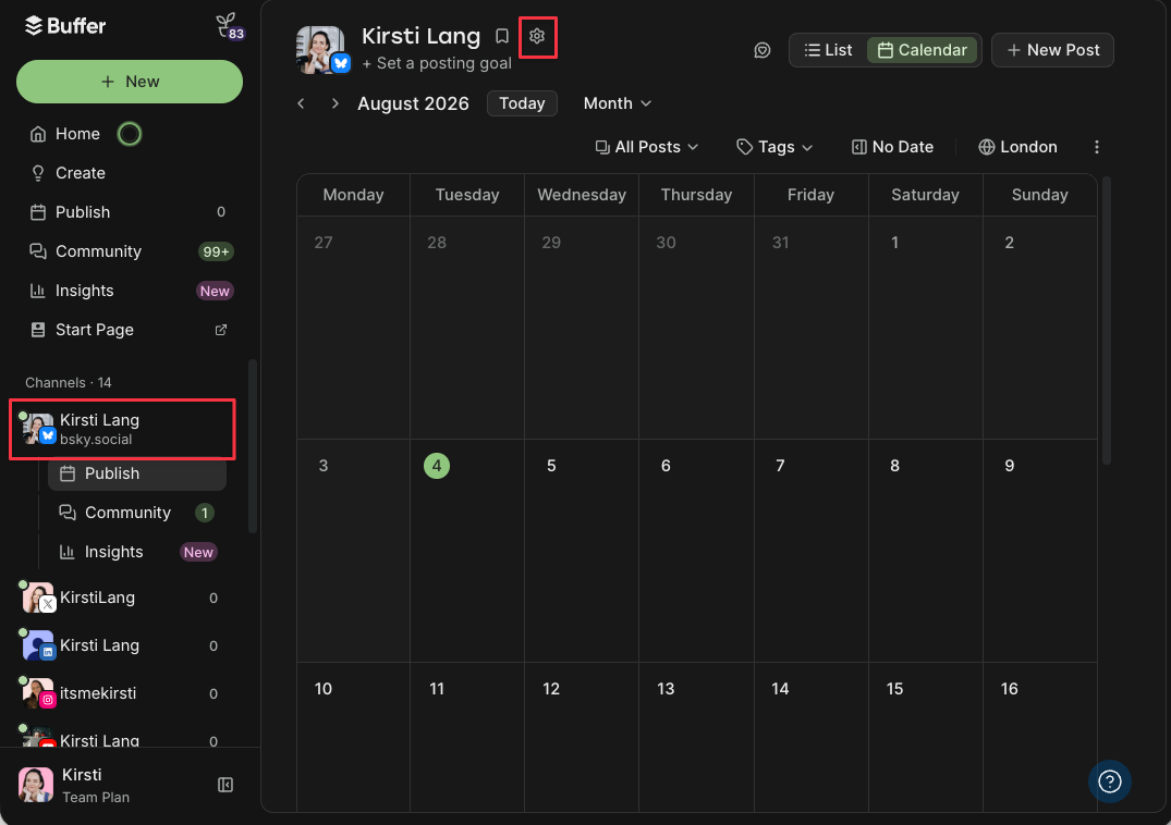 Best time to post on Bluesky setup in Buffer: the Bluesky channel selected in the sidebar with the settings gear icon highlighted above the content calendar