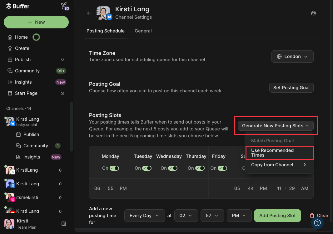 Best time to post on Bluesky in Buffer's channel settings, with the Generate New Posting Slots menu open and Use Recommended Times highlighted