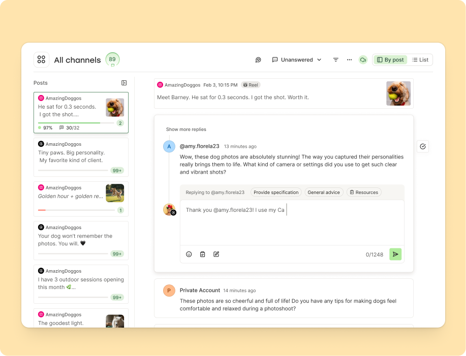 Buffer social media management tool engagement inbox showing unanswered Instagram comments with an AI-suggested reply being drafted to a follower