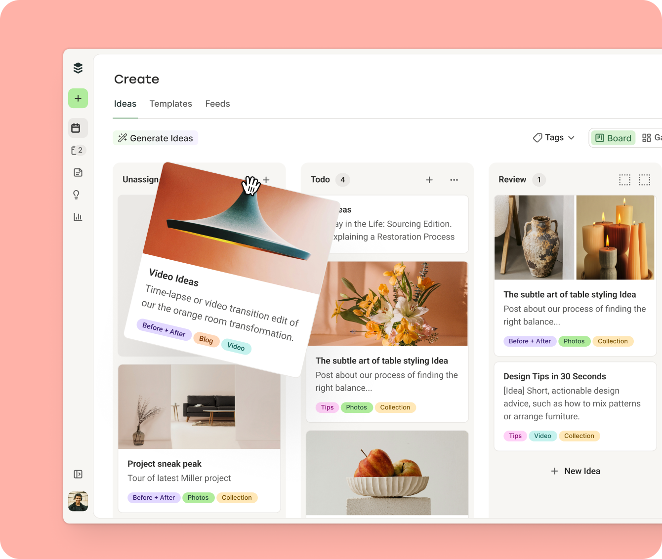 Buffer social media management tool showing the Create ideas board, with post ideas organized into Unassigned, Todo and Review columns
