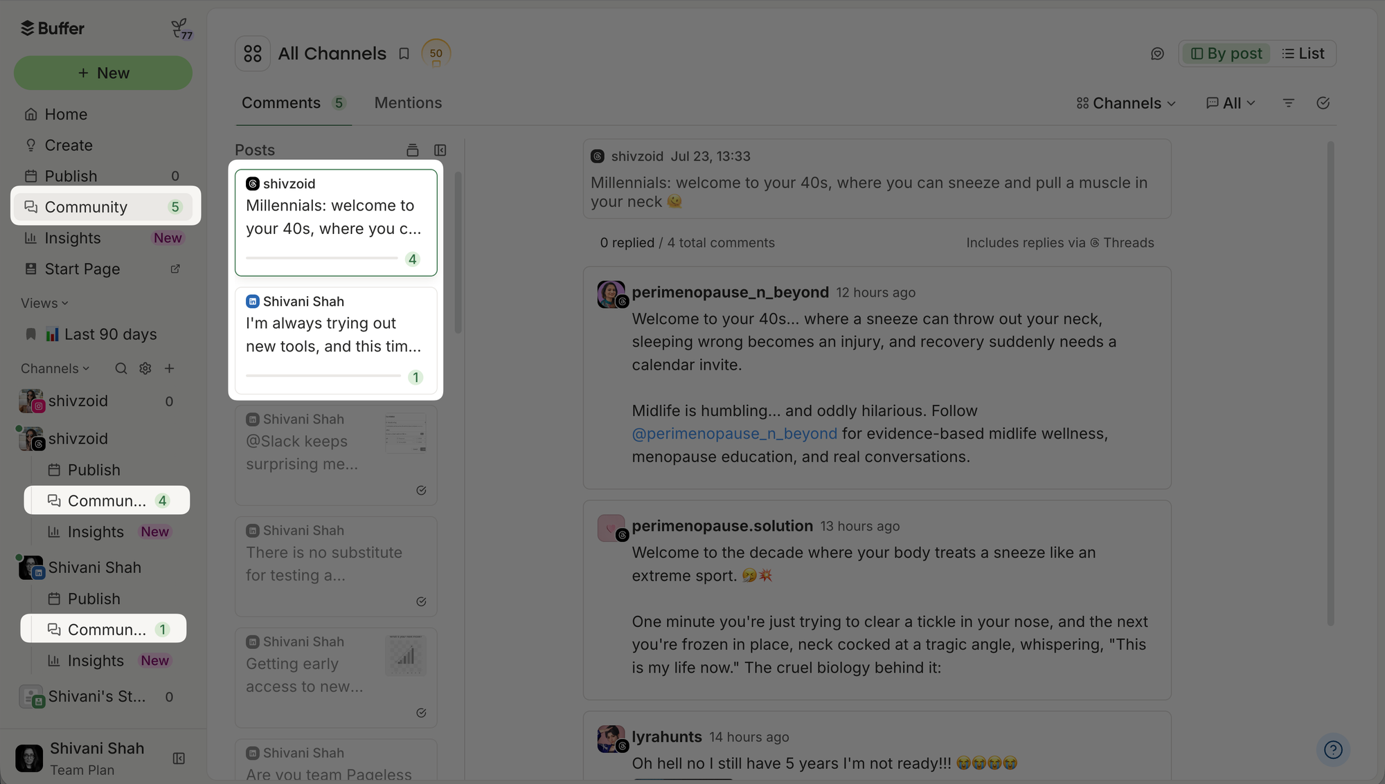 Buffer vs. Meta Business Suite comparison showing Buffer's Community inbox with a post's comment thread across channels