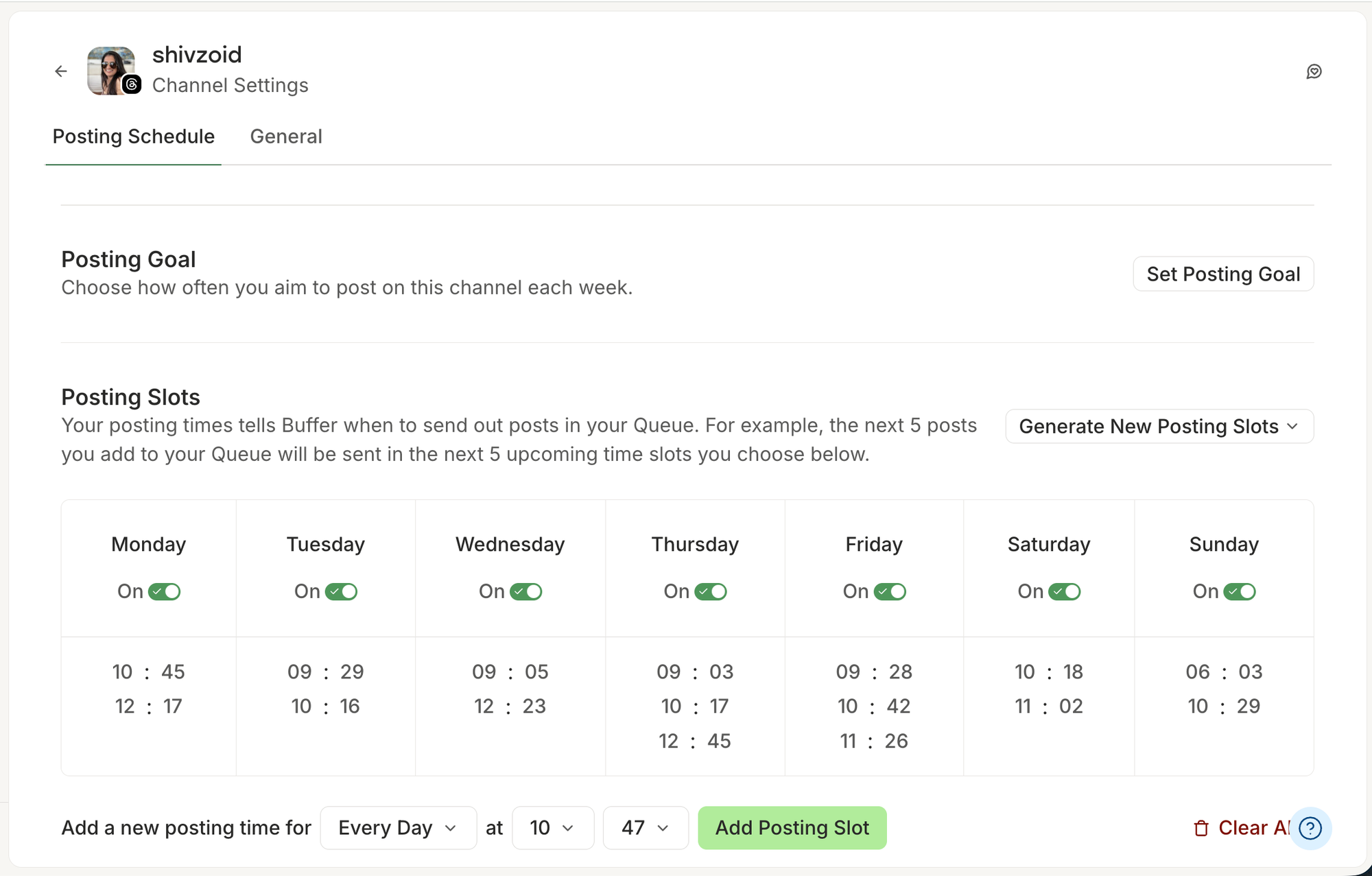 Buffer vs. Agorapulse comparison showing Buffer's Posting Schedule settings with a 7-day posting slots grid and Generate New Posting Slots option
