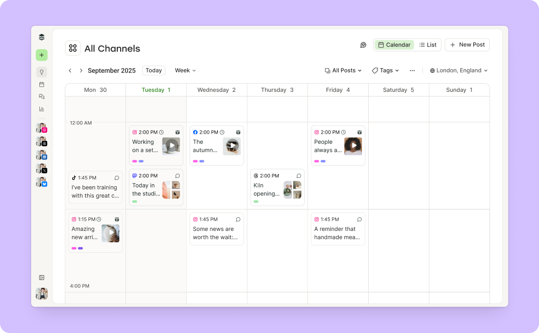 Buffer vs. Hootsuite comparison: Buffer's weekly content calendar for September 2025 with scheduled Instagram, TikTok and Facebook posts across all channels