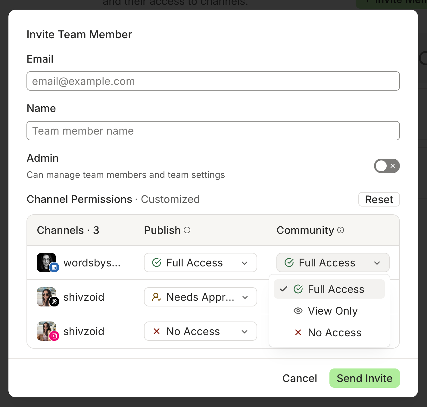 Buffer vs. Meta Business Suite comparison showing Buffer's Invite Team Member modal with per-channel Publish and Community permissions