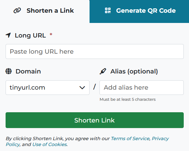 TinyURL link shortener interface showing long URL input, custom domain selection, optional alias, and QR code generation.