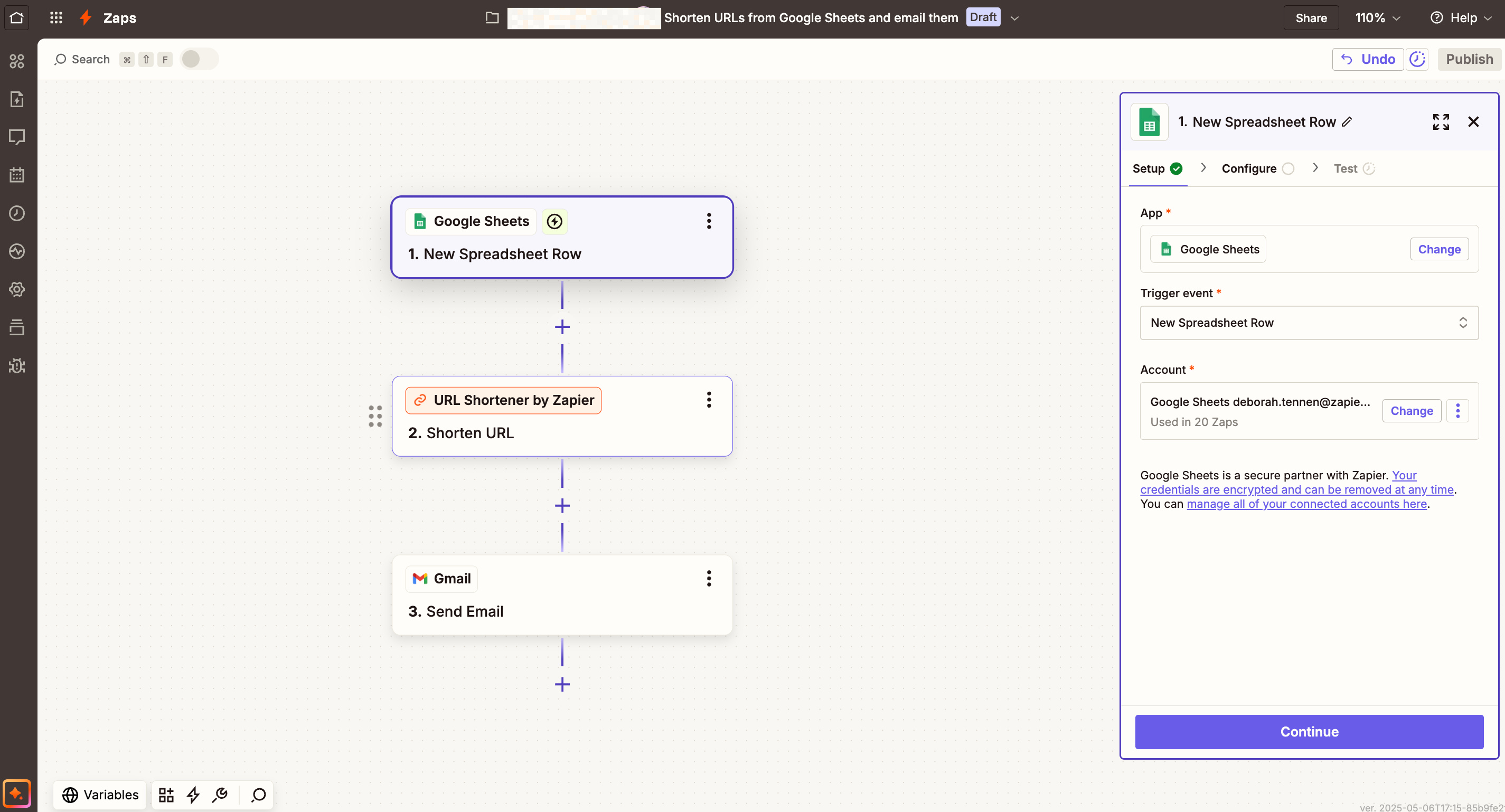 Zapier workflow using a best URL shortener to shorten URLs from Google Sheets and email them through Gmail.